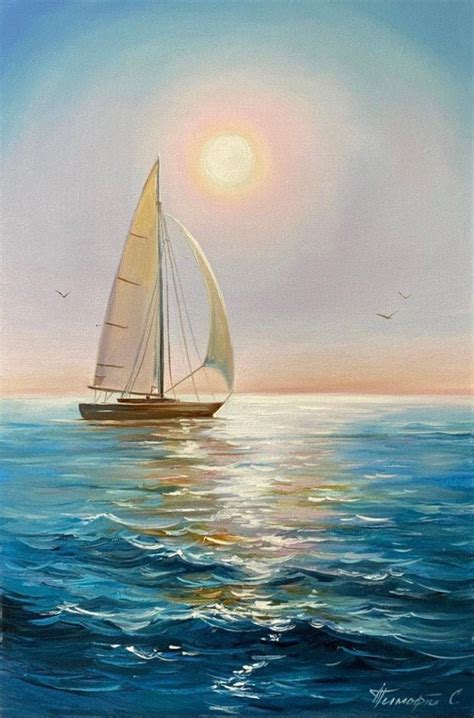 Sailing Ship Sea Oil Painting, Blue Ocean Waves, Original Boat Wall Art ...