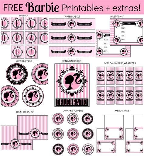 The free printable Vintage Barbie set includes invitations, gift tags ...