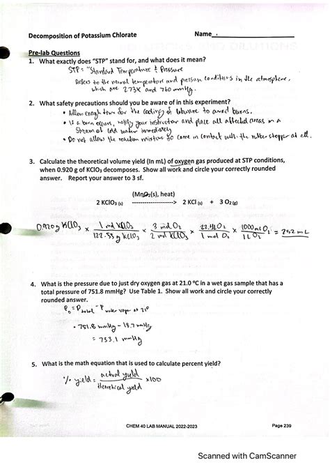 Decomposition of KClO3 Pre-Lab - CHEM 40 - Studocu