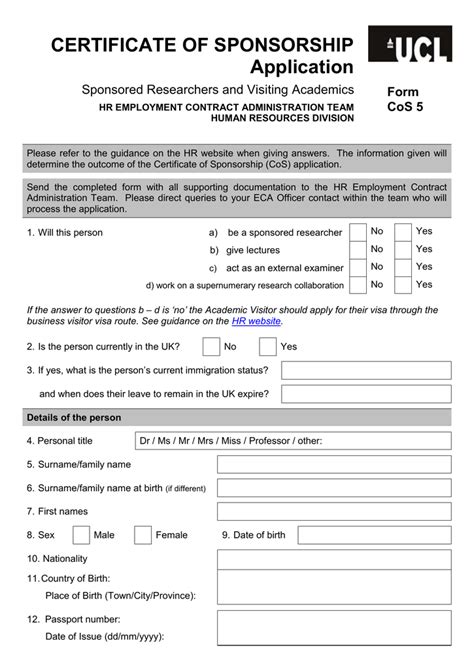 CERTIFICATE OF SPONSORSHIP Application Form