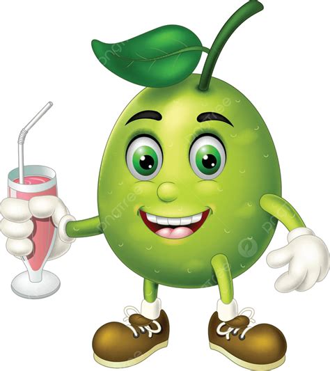 Cartoon Of A Silly Green Guava Holding A Glass Of Juice Vector ...