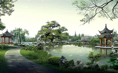 HD wallpaper: landscape, garden, pavilion, Asian architecture, lake ...