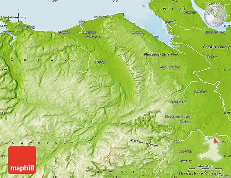 Physical Map of Denbighshire - Sir Ddinbych