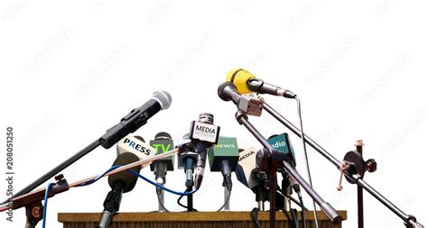 Press conference microphones on white background Stock Photo | Adobe Stock