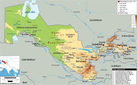 Grande mapa físico de Uzbekistán con carreteras, ciudades y aeropuertos ...