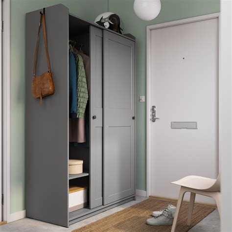 HAUGA Wardrobe with sliding doors, grey, 118x55x199 cm - IKEA