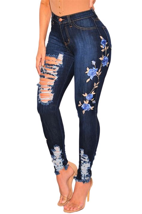 Stylish Dark Denim Embroidered Floral Destroyed High Waist Skinny Jeans