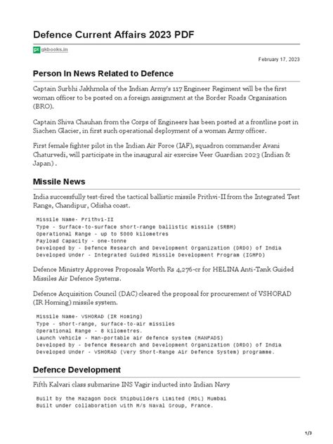 Defence Current Affairs 2023 PDF January | PDF | Military | Military ...