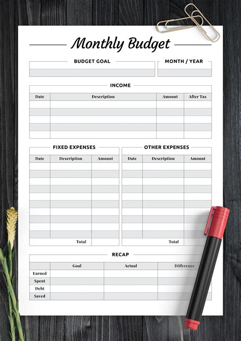 Download Printable Monthly budget with Recap section PDF