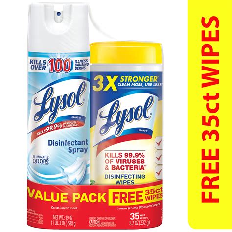 Lysol Disinfectant Spray, Crisp Linen, 19oz + Lysol Disinfecting Wipes ...