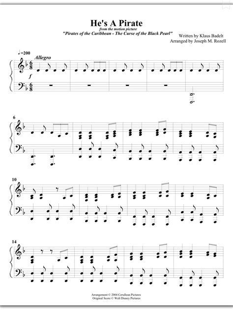 Piano Sheet Music — He’s a pirate - Klaus Badelt (Piano Sheet)