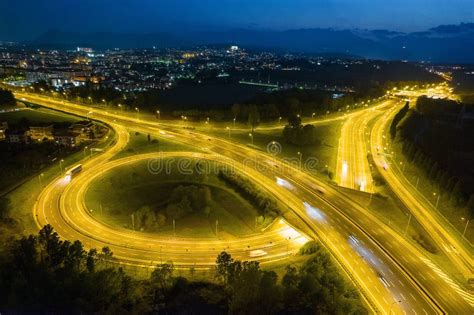 Illuminated Highway Intersection at Night Stock Photo - Image of ...