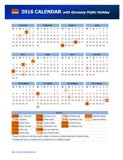 2016 Germany Public Holidays Calendar