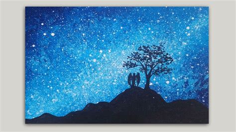 Starry Sky, Angel and Tree Silhouette Acrylic Painting Tutorial | Night ...