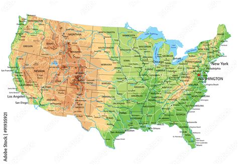 High detailed United States of America physical map with labeling ...