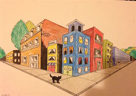 Cat surveying a city. My attempt at two-point perspective drawing ...