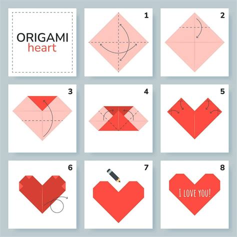 Heart origami scheme tutorial moving model. Origami for kids. Step by ...