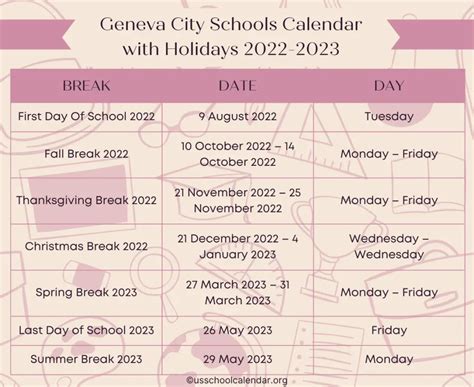 Geneva City Schools Calendar with Holidays 2022-2023