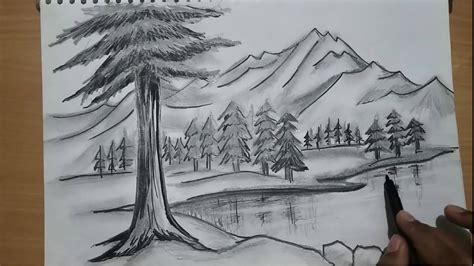 how to draw nature / mountain scenery with river and trees - YouTube