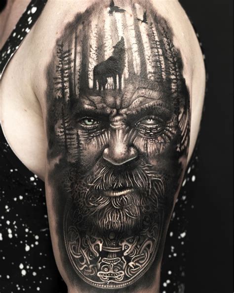 Viking Sleeve with Portrait & Wolf