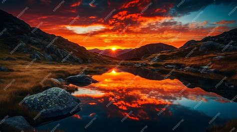 Premium AI Image | A sunset over a mountain lake with a mountain in the ...