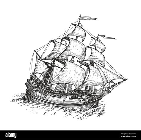 Ship drawn sketch. Vintage vector illustration isolated on white ...