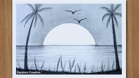 Pencil Sunset Scenery Sketch / Sunset scenery drawing with pencil ...