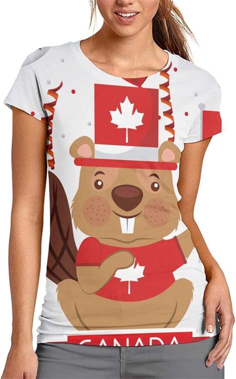 Canada Day Beaver with Flag Crewneck Tee Soft Tees Blouse Casual Tank ...