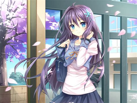 Wallpaper Schoolgirl, anime girl, purple hair, sakura bloom 2880x1800 ...