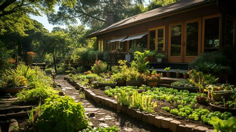 Wooden house in village with plants and flowers in backyard garden ...