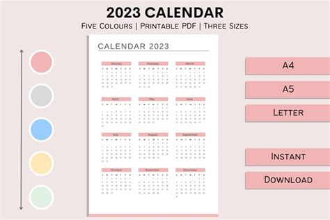 2023 Calendar Grid Printable Template | 5 Different Colors