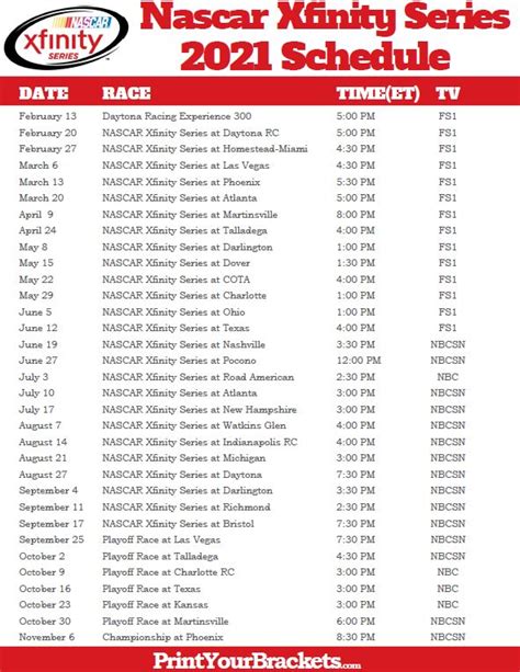 the nascar xfinity series schedule is shown in red and white, with ...