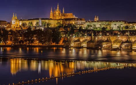 Prague, Czech Republic, Charles Bridge, Vltava river, night, lights ...