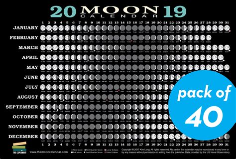 2019 Moon Calendar Card (40 pack) : Lunar Phases, Eclipses, and More ...