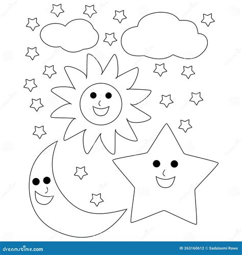 Sun Moon and Stars with Clouds Coloring Page Stock Photo - Illustration ...