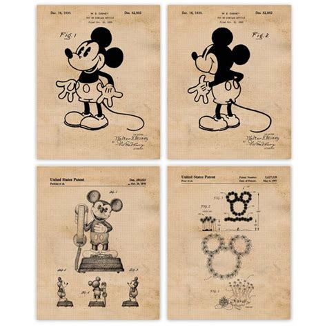 Vintage Mickey Mouse Patent Prints 4 Unframed Photos Wall - Etsy