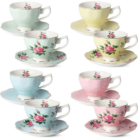 BTaT- Floral Tea Cups and Saucers, Set of 8 (8 oz) Multi-color with ...