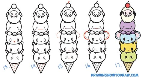 Learn How to Draw Cute Kawaii Animals Stacked in Ice Cream Cone Simple ...