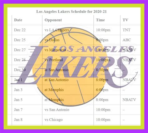 Printable Los Angeles Lakers schedule, TV schedule for 2020-21 season ...