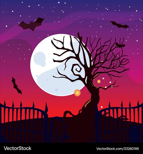 Halloween tree and bats in front moon Royalty Free Vector