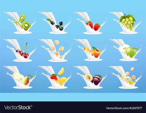 Big collection of fruits in milk splash Royalty Free Vector