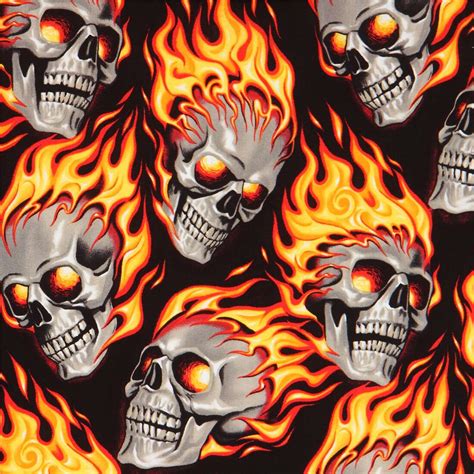 black Alexander Henry flaming skull fabric - modeS4u Kawaii Shop