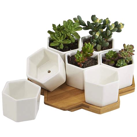 Planter Pots Indoor, 7 Pack 2.75 Inch Modern White Ceramic Small Hex ...