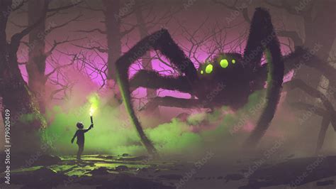 dark fantasy concept showing the boy with a torch facing giant spider ...