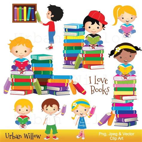 Clip Art School Kids Clip Art Books Reading Clipart Cute - Etsy