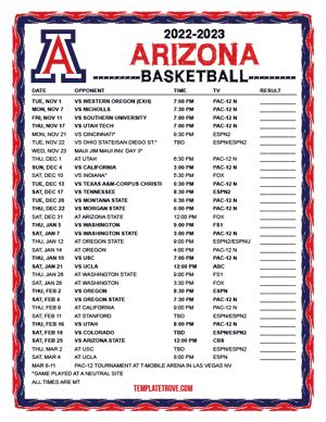 Printable 2022-2023 Arizona Wildcats Basketball Schedule