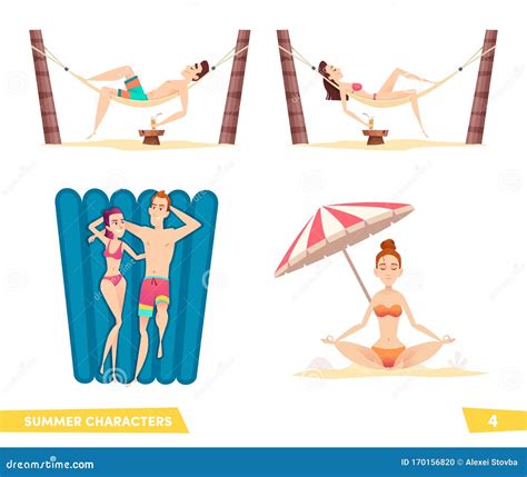 Collection of Summer Beach Cartoon Characters. People Enjoy a Beach ...