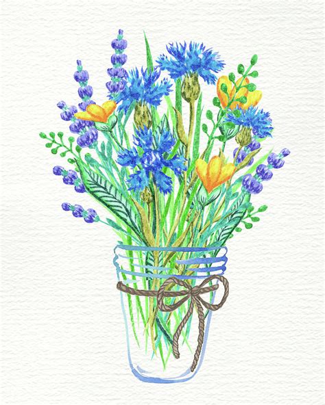 Wildflowers Bouquet In A Glass Vase Watercolor Botanical Art Painting ...