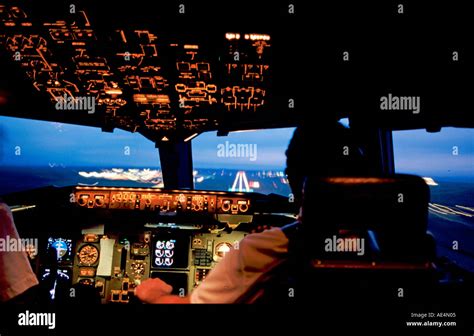 Flight deck or cockpit of British Airways 747 Jumbo Jet during landing ...