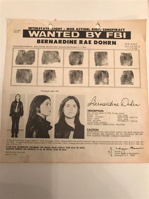 RARE! FBI WANTED POSTER FOR BERNARDINE DOHRN WEATHER UNDERGROUND 1970 ...